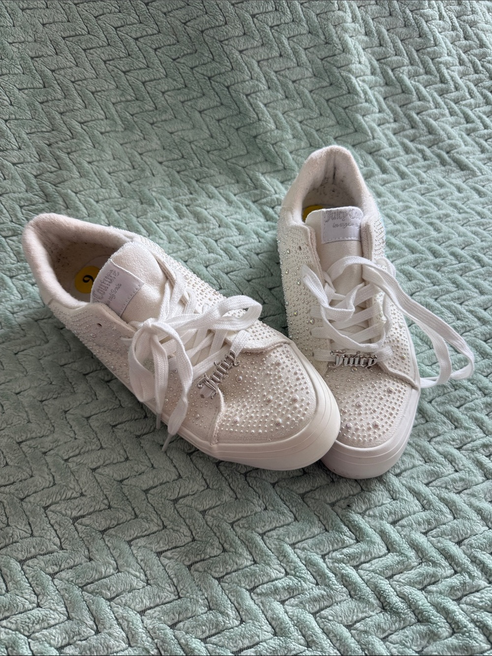 Juicy Couture White Rhinestone-Embellished Lace-Up Sneakers